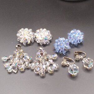 4 pairs of Crystal Clip Earrings Waterfall,blue crystals AB Drop